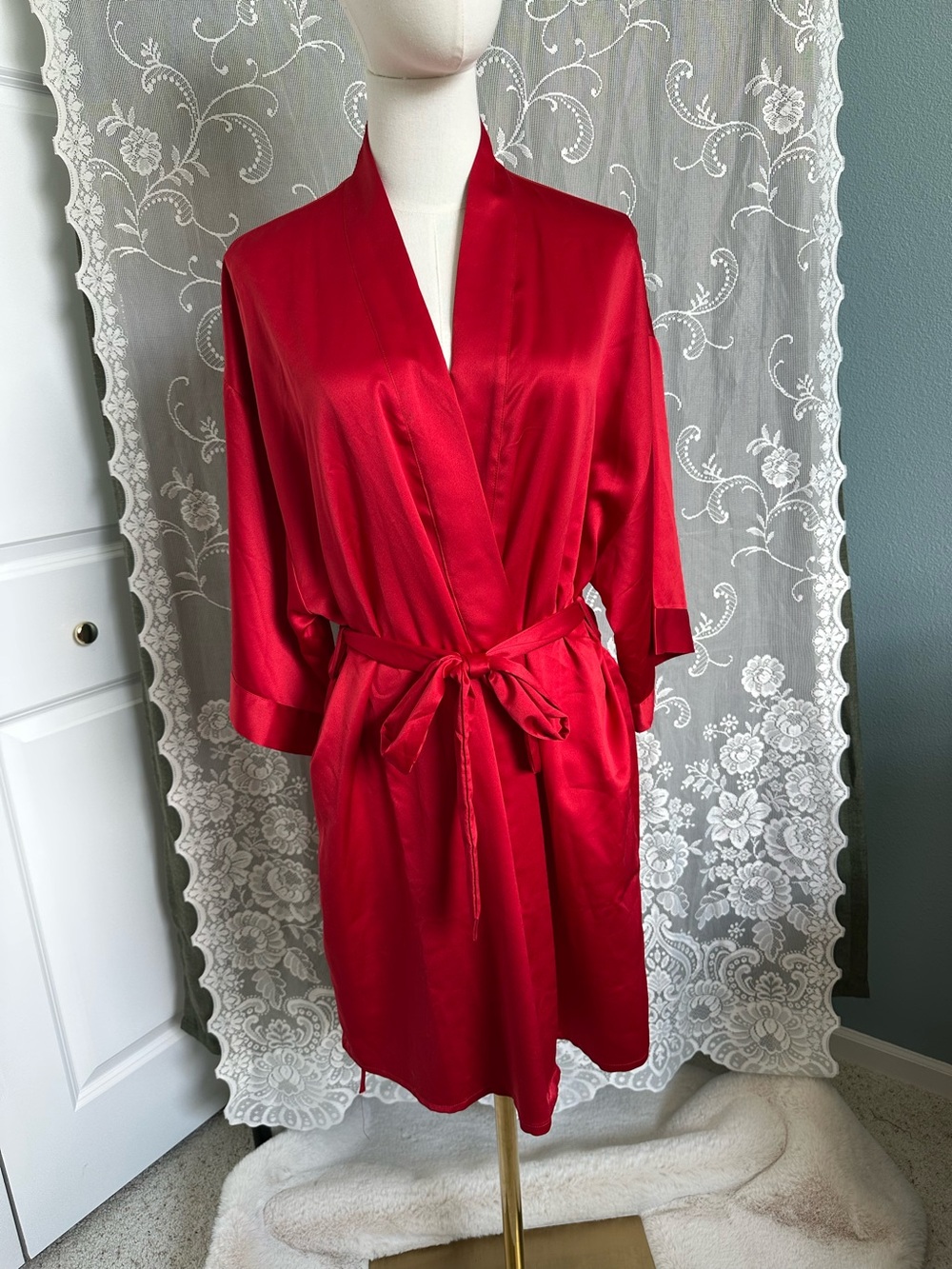 Jezebel Red Satin Kimono Robe with Self-Tie Belt